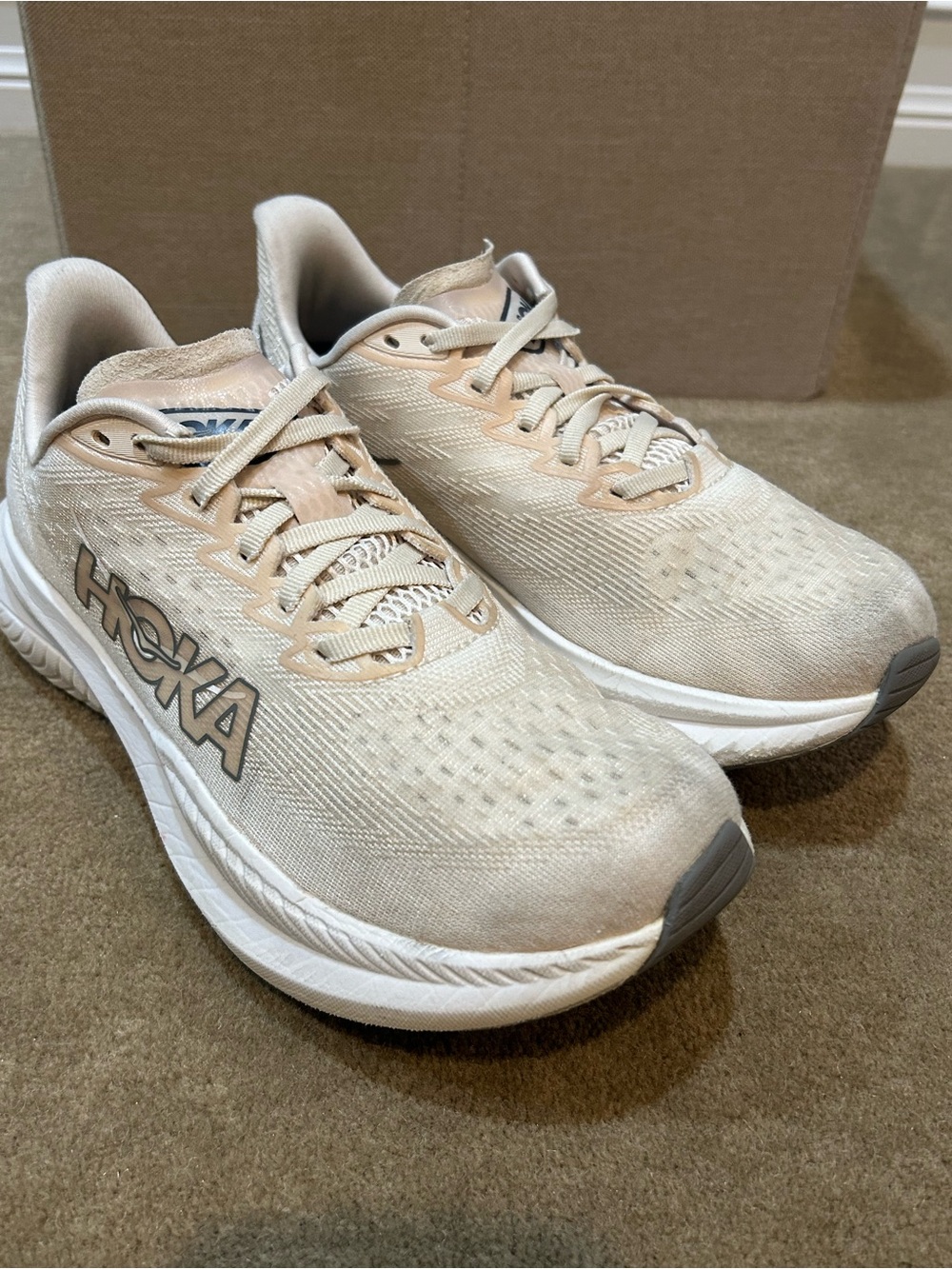 Hoka Women’s Neutral-Run Athletic Shoes in Light Beige and White size 8